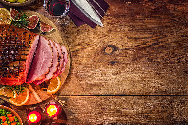 Glazed Christmas ham with oranges and figs
